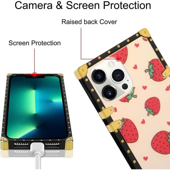 iPhone XR Case - Strawberry, Gradient, Gold Trim square for apple bling - Picture 3 of 6